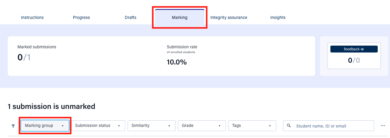 Shows the 'marking' tab which is 4th along the tab menu, underneath this the 'Marking group' drop-down which is the first of five drop-down menus.