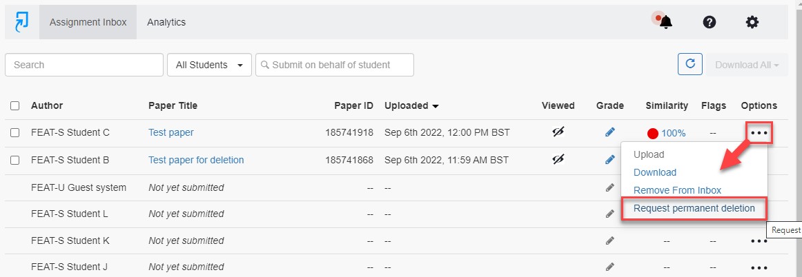 View of Turnitin inbox. Click three dots in the options menu, and choose Request permanent deletion.