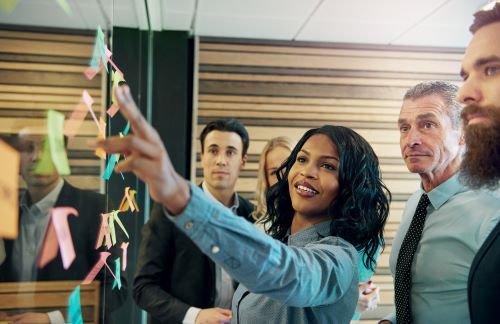 Team of people looking a post it notes