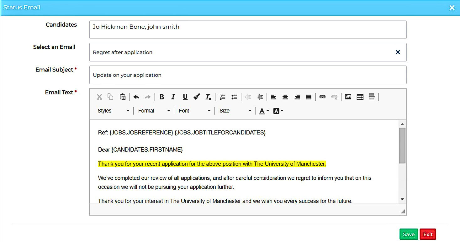 Screenshot of Jobtrain. Rejection email.