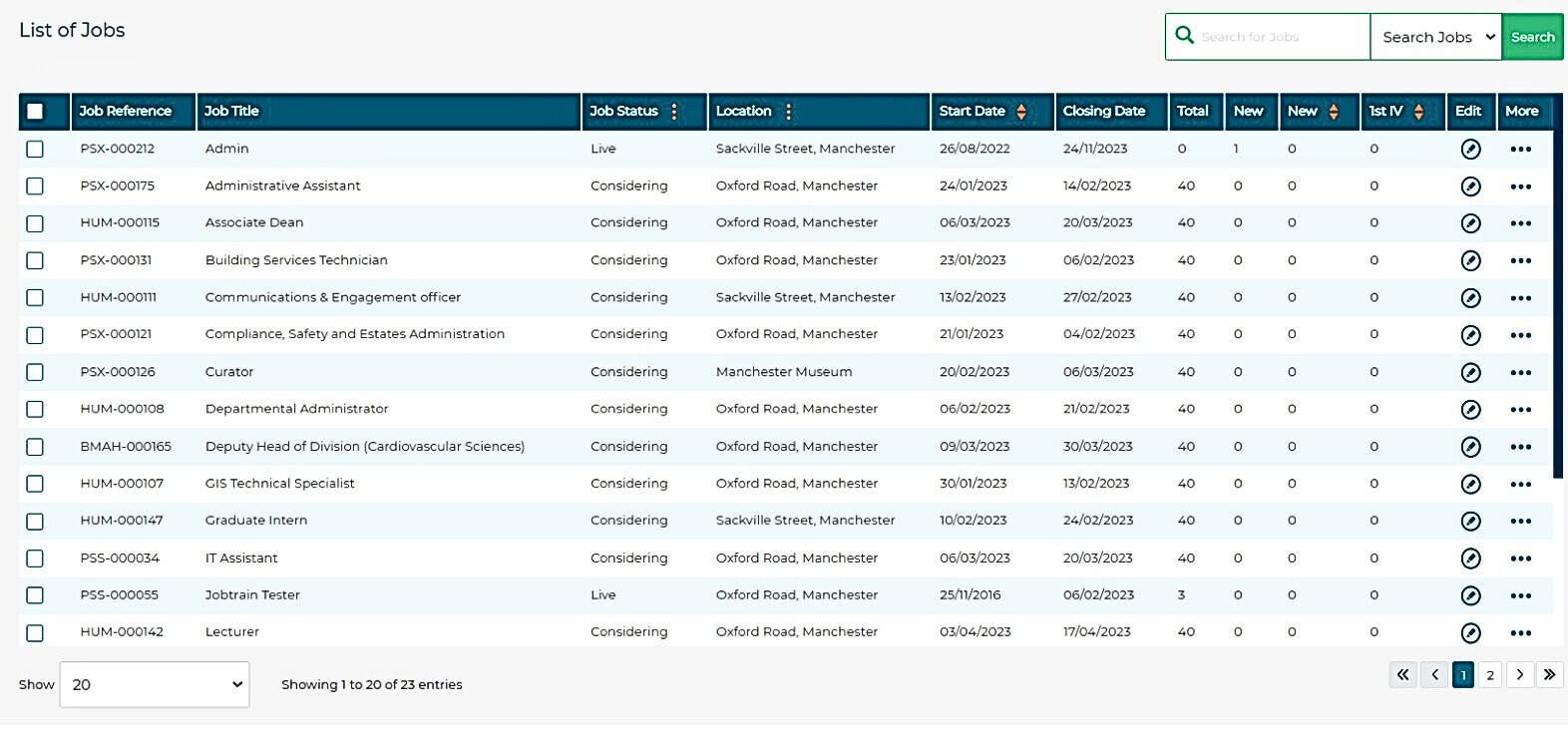 Screenshot of Jobtrain list of candidates.