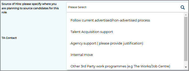 screenshot of source of hire drop down menu