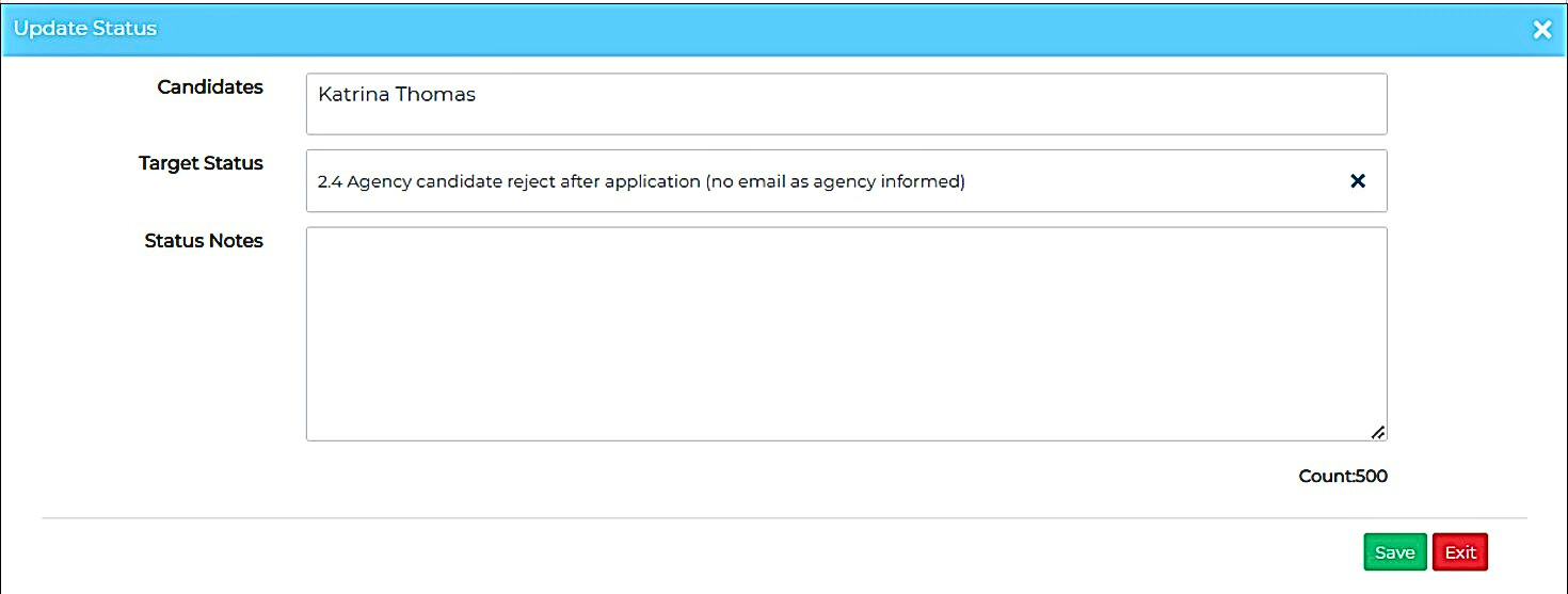 Screenshot of Jobtrain. Agency rejection after application.