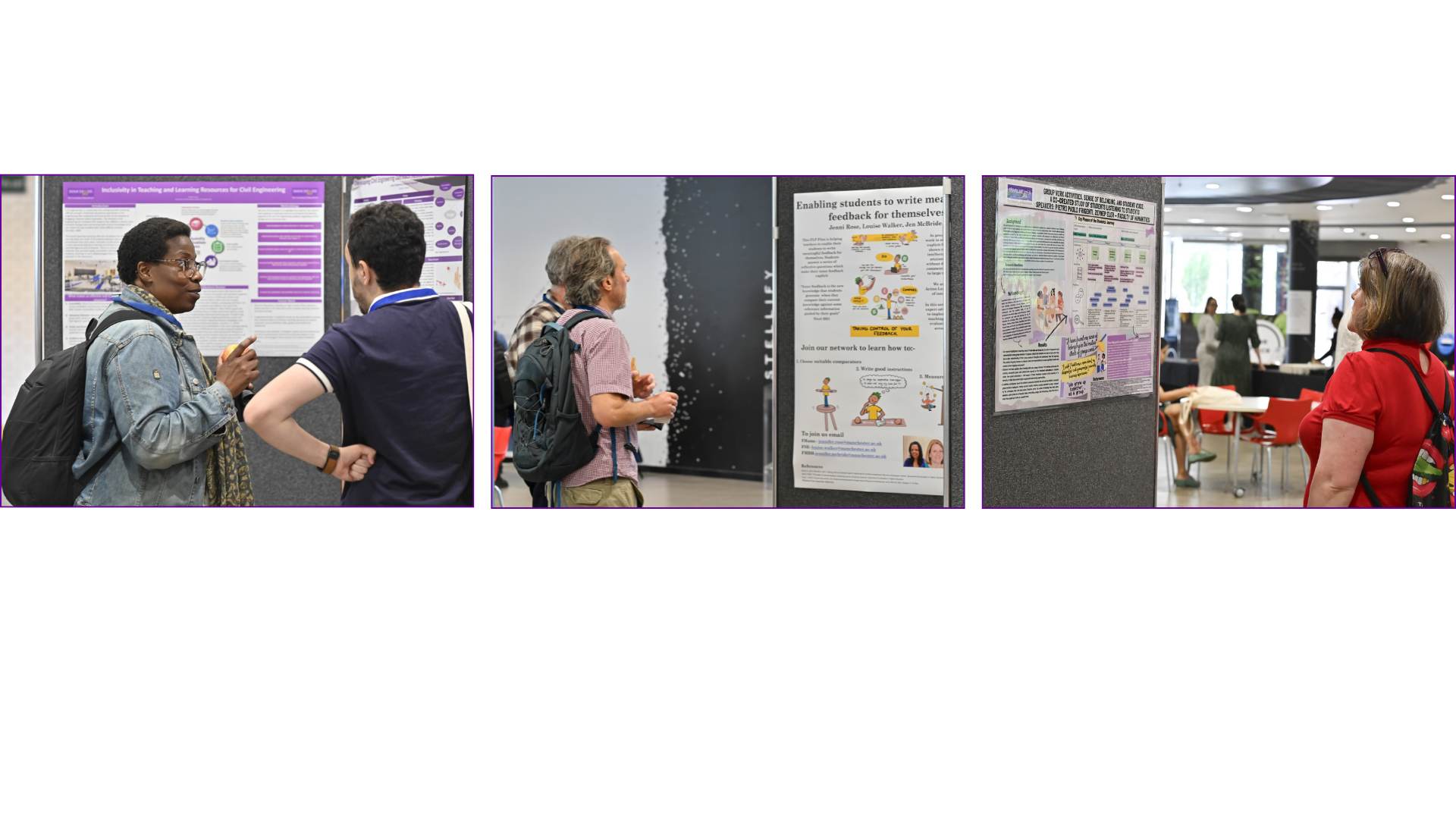 Three images of attendees next to various posters