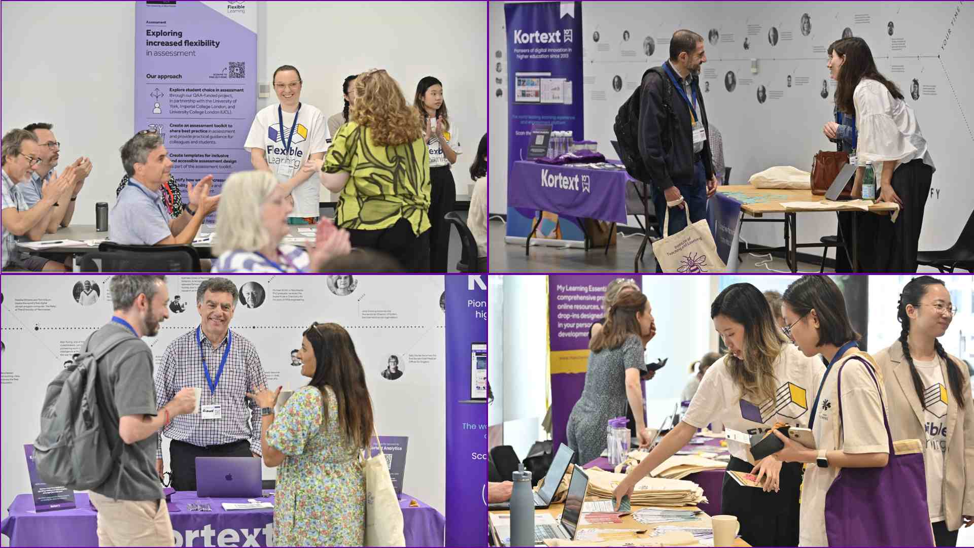 Four images of attendees at various stalls